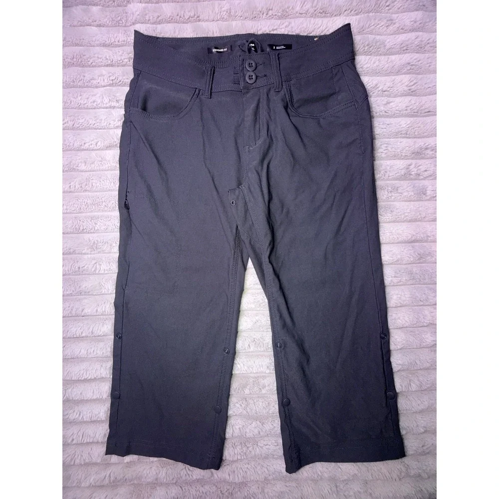 Prana Womens 2 Halle II Roll-Tab Capri Bermuda Shorts Grey Hiking Outdoor ReZion